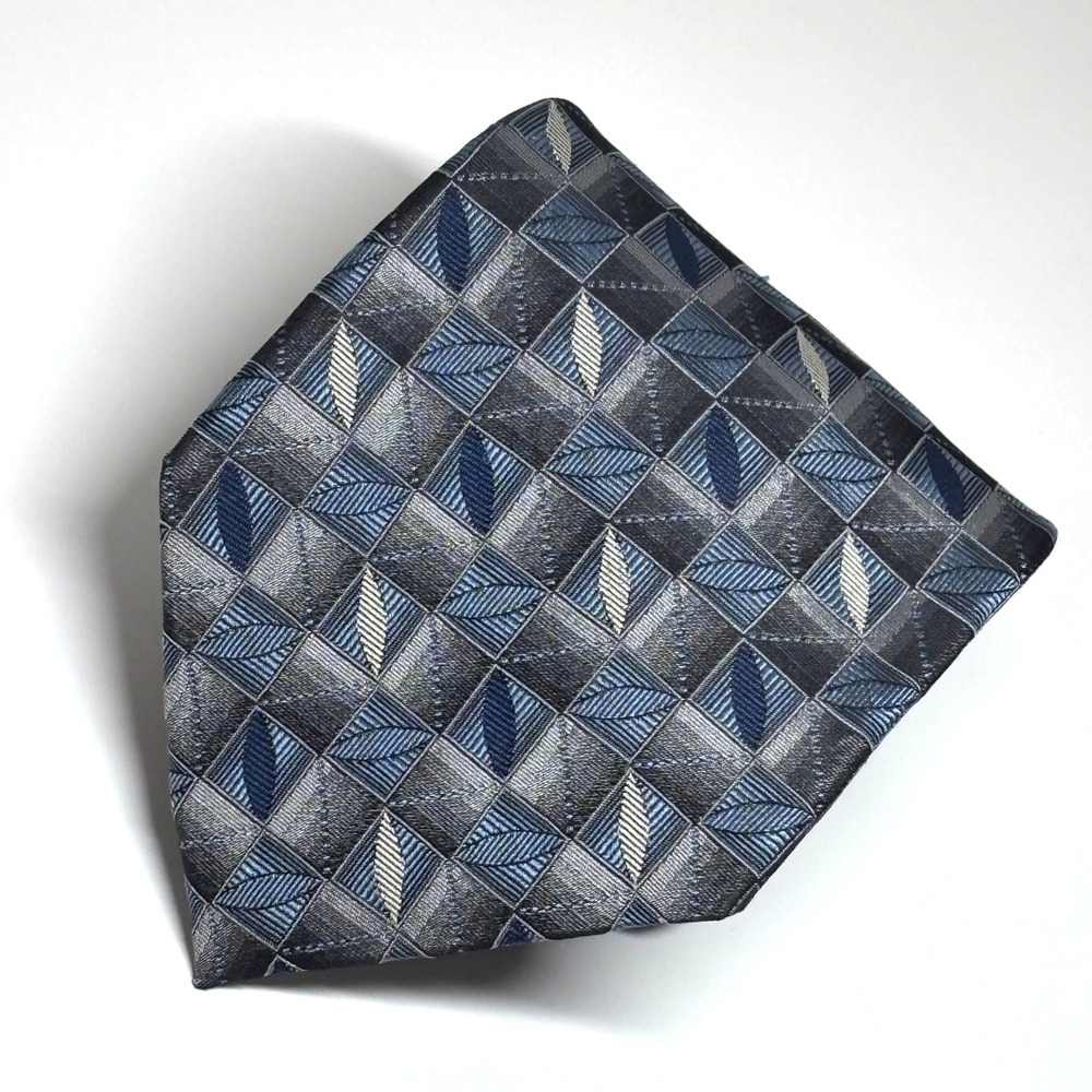 Burma Bibas Silk Necktie Mens XL Blue Grey Geometric Pattern Extra Long Tie